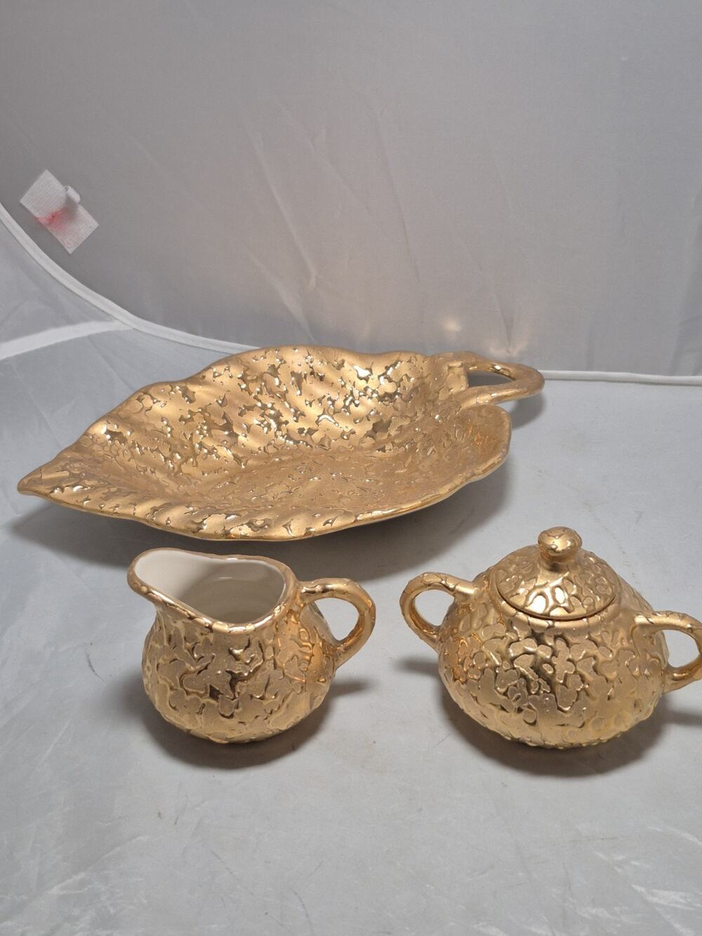 💥 Vintage 1950s WEEPING 22K GOLD - Bright, Hand Painted Cream & Sugar Set Tray